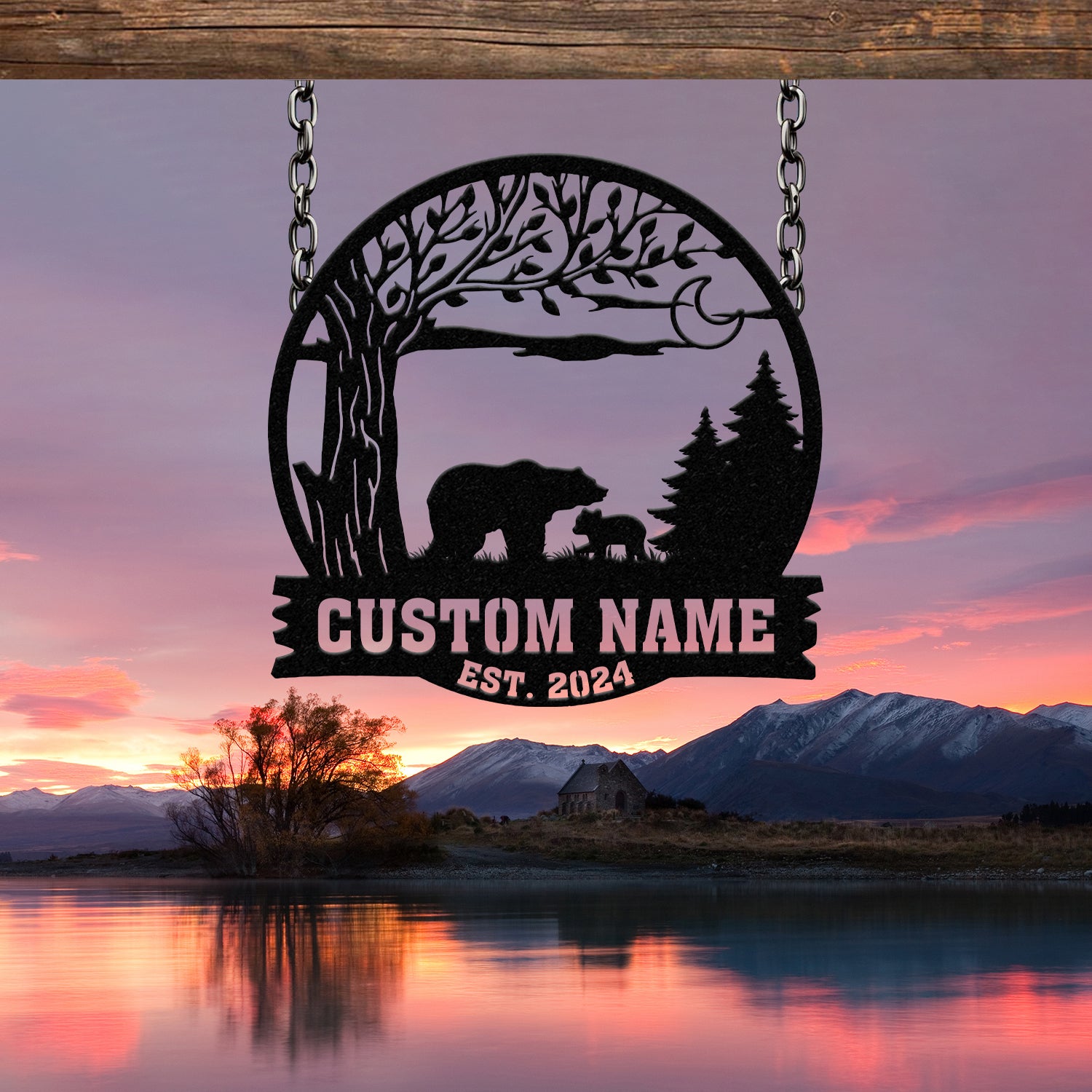 Custom Mountain Bear Tree Scene Sign, Personalized Bear Cabin Metal Sign, Family Name Sign, Outdoor Name Sign, Last Name Sign, Wedding Gift