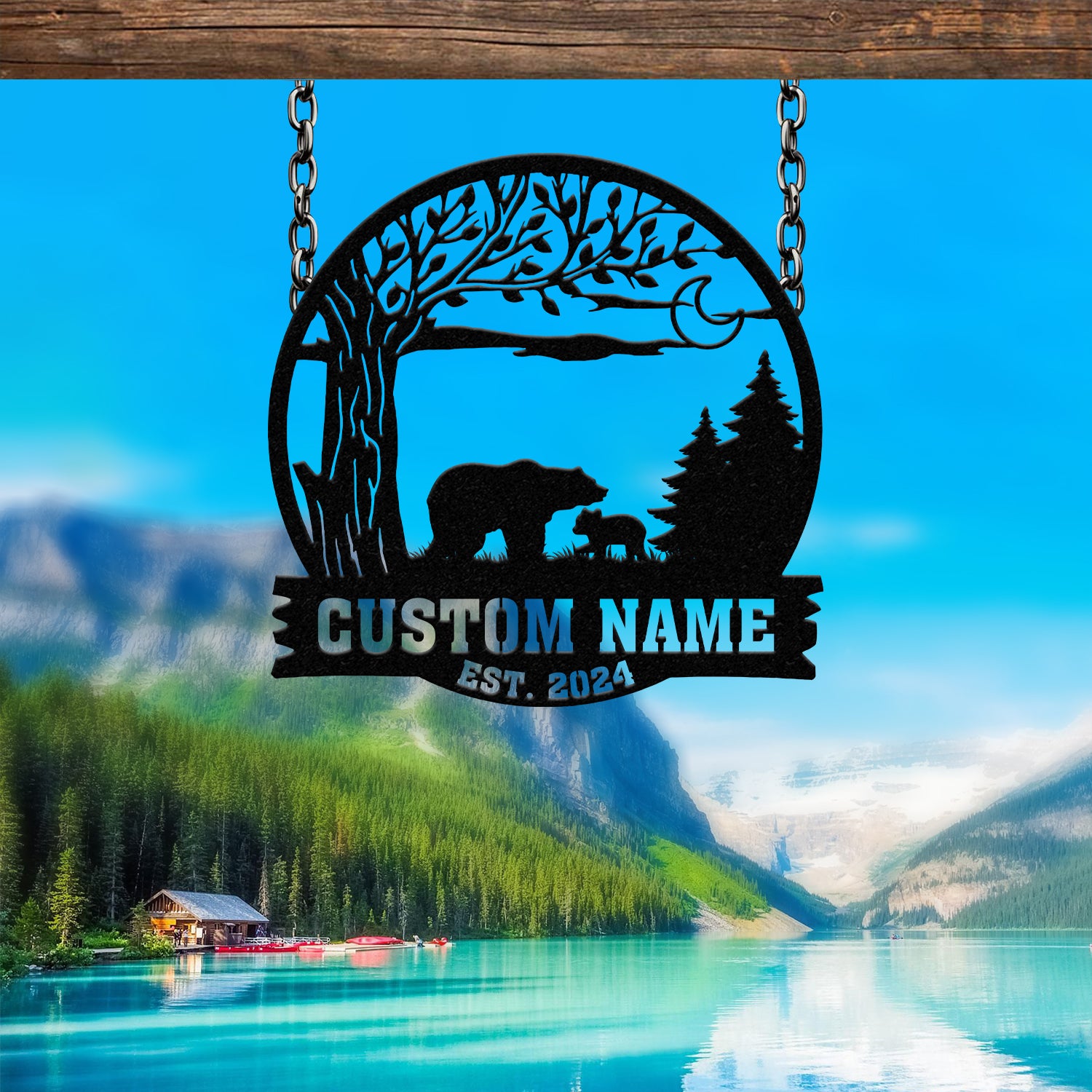 Custom Mountain Bear Tree Scene Sign, Personalized Bear Cabin Metal Sign, Family Name Sign, Outdoor Name Sign, Last Name Sign, Wedding Gift