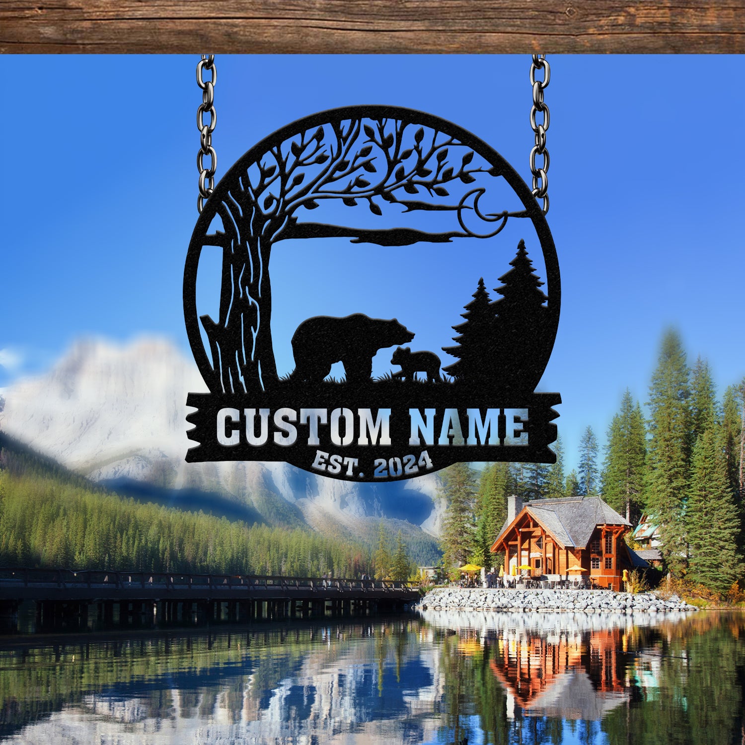 Custom Mountain Bear Tree Scene Sign, Personalized Bear Cabin Metal Sign, Family Name Sign, Outdoor Name Sign, Last Name Sign, Wedding Gift
