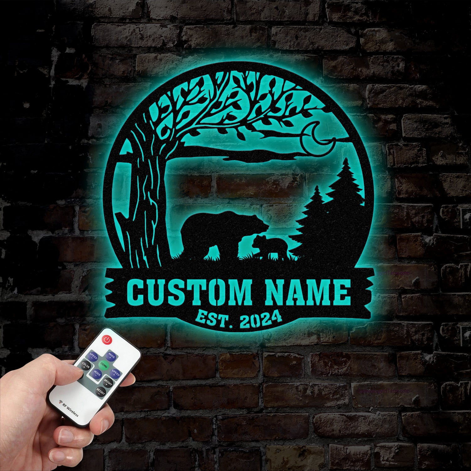 Custom Mountain Bear Tree Scene Sign, Personalized Bear Cabin Metal Sign, Family Name Sign, Outdoor Name Sign, Last Name Sign, Wedding Gift