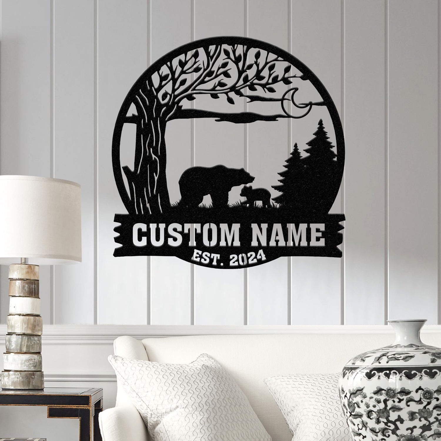 Custom Mountain Bear Tree Scene Sign, Personalized Bear Cabin Metal Sign, Family Name Sign, Outdoor Name Sign, Last Name Sign, Wedding Gift