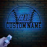 Custom Baseball Metal Wall Sign with Name & Number, LED Sports Wall Decor for Game Room, Bedroom, Man Cave, Gift for Baseball Players Fans