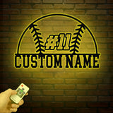 Custom Baseball Metal Wall Sign with Name & Number, LED Sports Wall Decor for Game Room, Bedroom, Man Cave, Gift for Baseball Players Fans