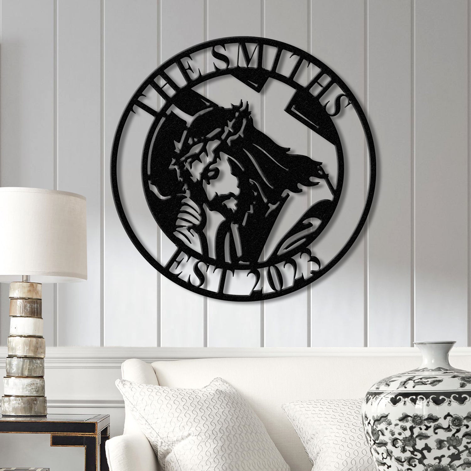 Custom Jesus And Cross Metal Sign with Led Light, Personalized Faith Cross Metal Sign, Family Name Sign, Christian Sign, Cross Wall Art