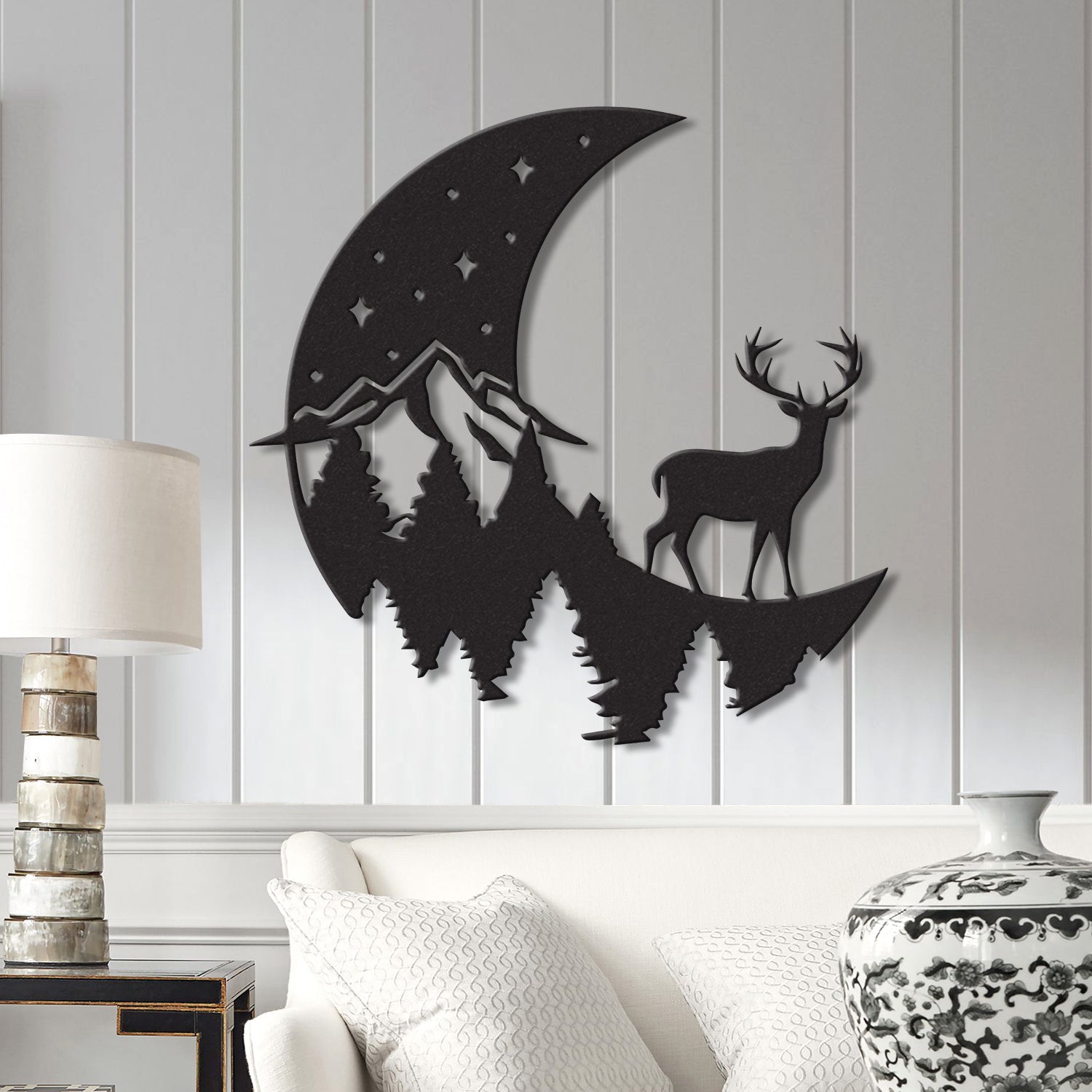 Deer Moon Forest Metal Wall Art With LED Light, Deer Hunter Metal Sign Decoration For Room, Deer Hunting Metal LED Decor, Deer Moon Fores