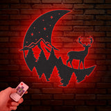 Deer Moon Forest Metal Wall Art With LED Light, Deer Hunter Metal Sign Decoration For Room, Deer Hunting Metal LED Decor, Deer Moon Fores