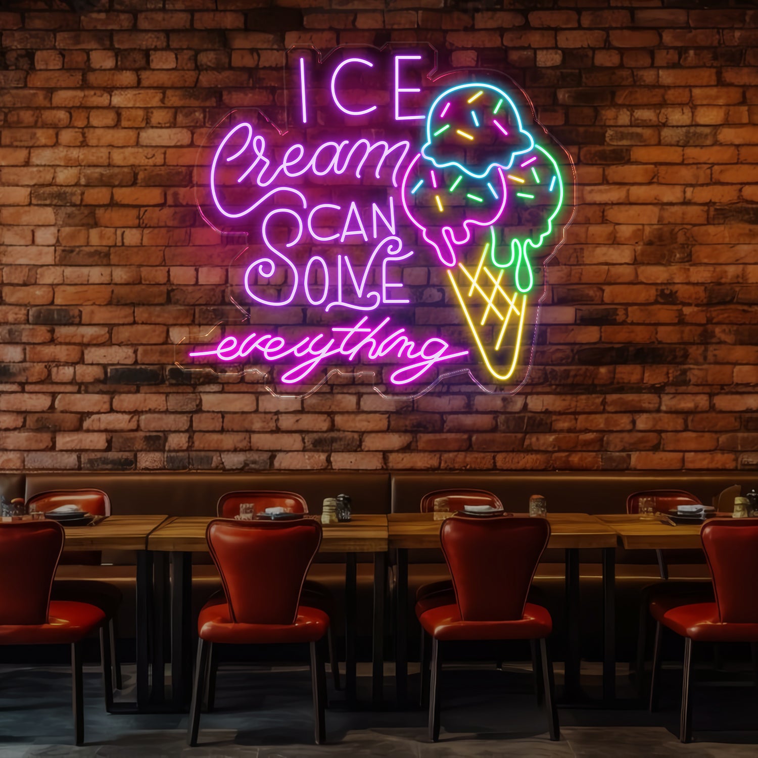 Custom Neon Ice Cream Sign - Ice Cream Can Solve Everything LED Wall Light - Perfect Decor for Cafes, Ice Cream Shops, and Home Kitchens