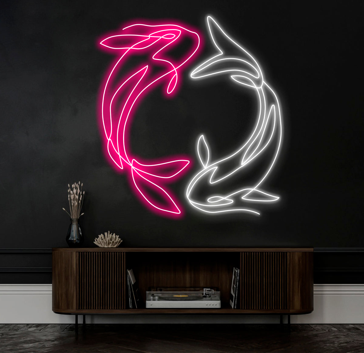 Custom Koi Fish Neon Sign – Yin Yang-Inspired Pink and White LED Wall Art for Home, Office, or Café Decor – Unique Zen Neon Light Gift