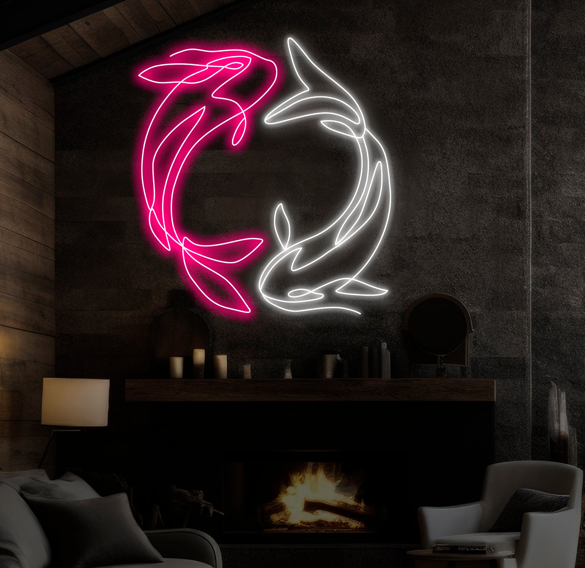 Custom Koi Fish Neon Sign – Yin Yang-Inspired Pink and White LED Wall Art for Home, Office, or Café Decor – Unique Zen Neon Light Gift