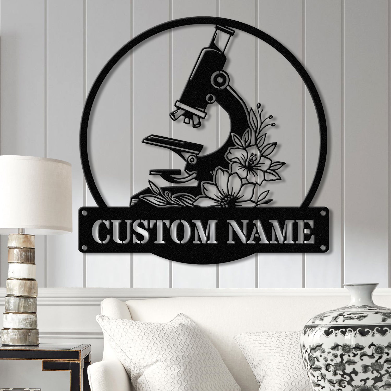 Custom Scientist Microscope Metal Wall Art LED Light, Personalized Biologist Name Sign, Lab Tech Decoration, Gift For Lab Tech Artwork