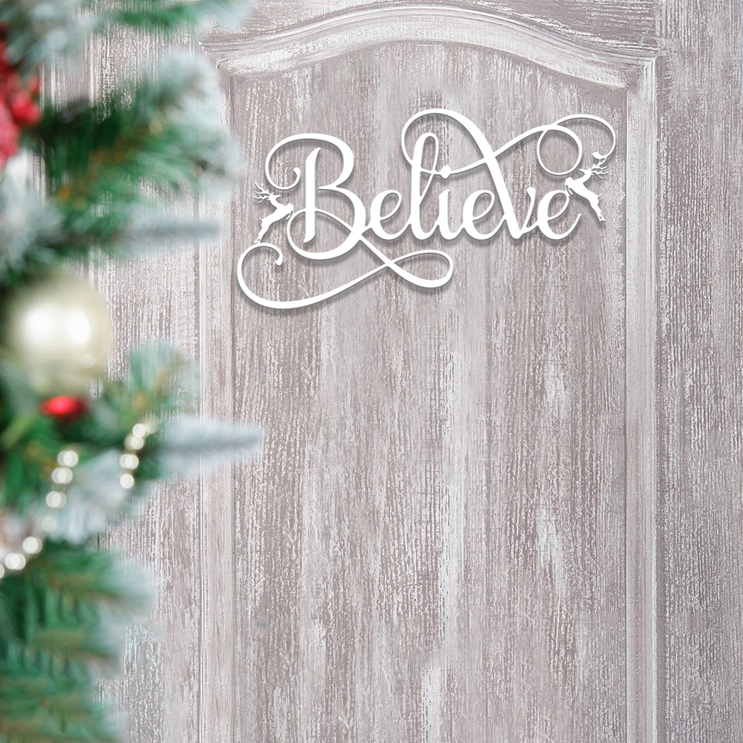 Custom Believe Metal Sign with Reindeer, Christmas Holiday Sign for Home Decor, Perfect for Living Room, Entryway, Festive Holiday Display