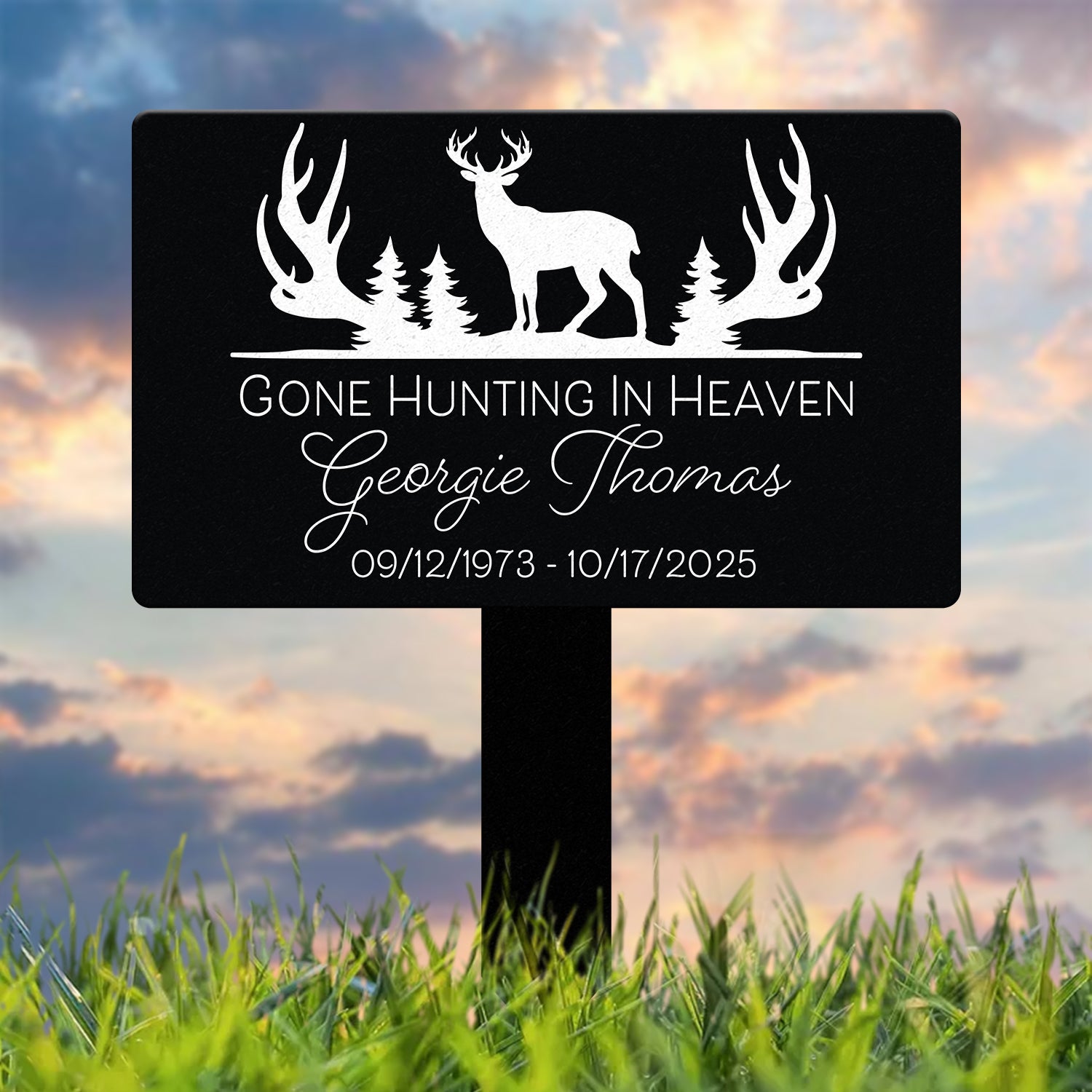Custom Memorial Hunting Sign – Personalized Metal Grave Marker for Hunters – "Gone Hunting in Heaven" Outdoor Tribute Sign