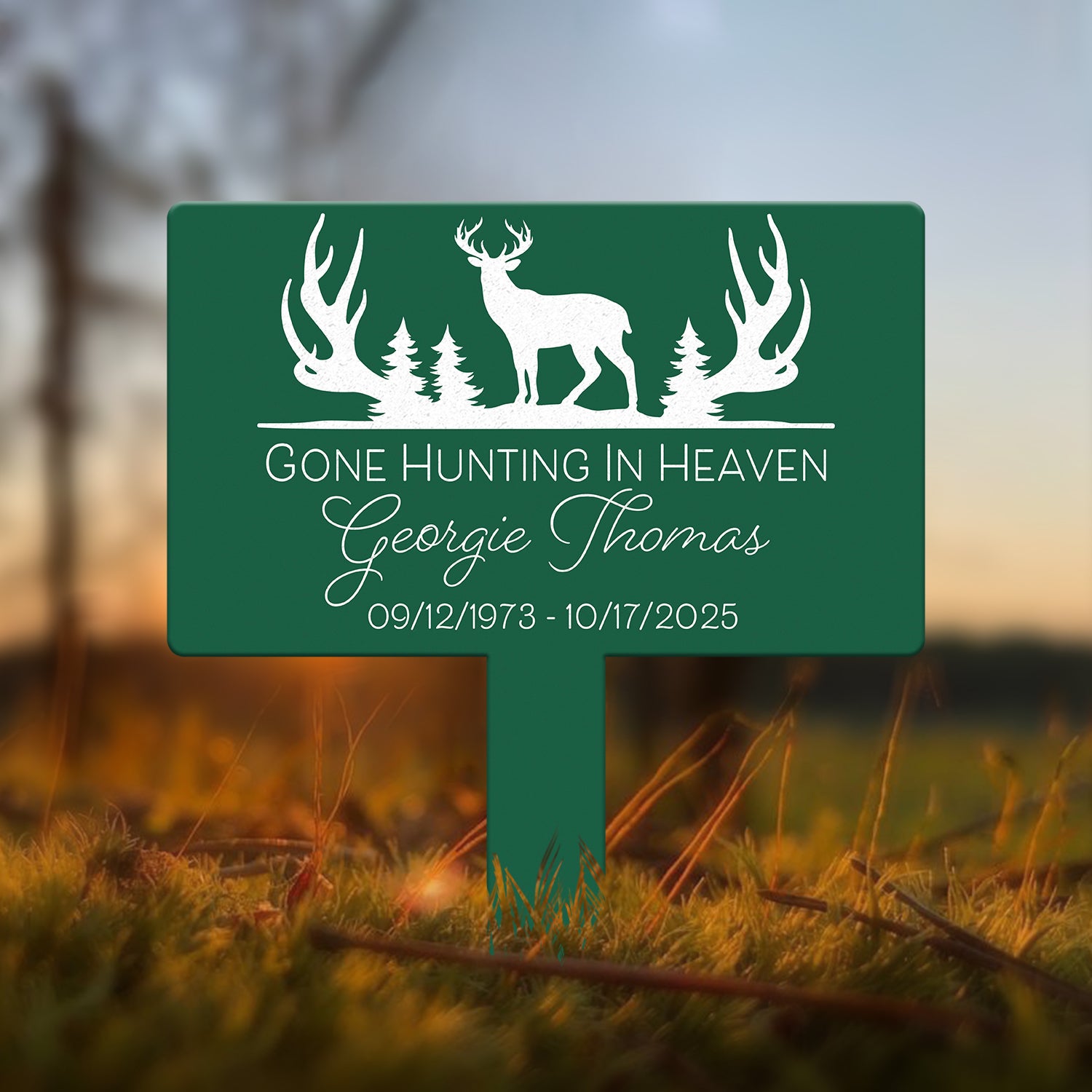 Custom Memorial Hunting Sign – Personalized Metal Grave Marker for Hunters – "Gone Hunting in Heaven" Outdoor Tribute Sign