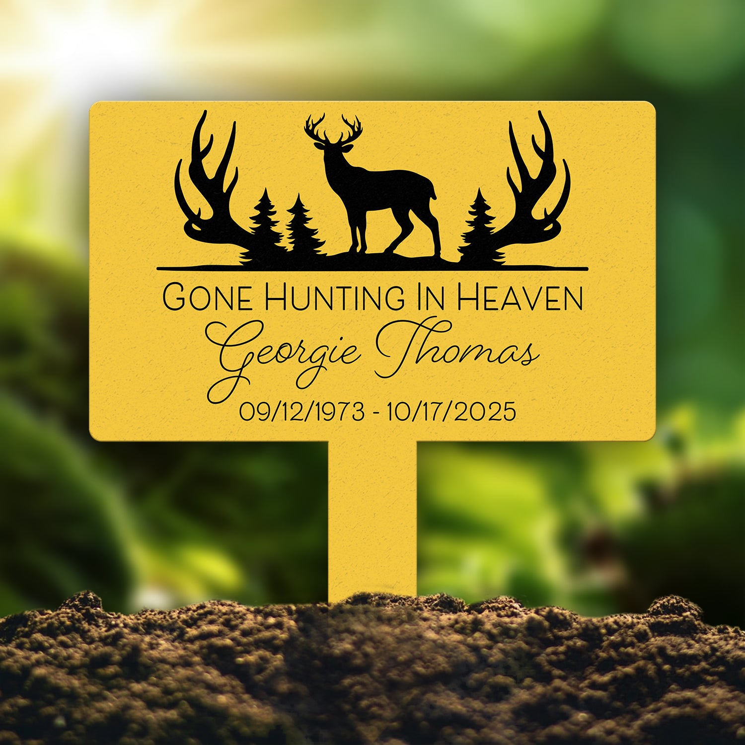 Custom Memorial Hunting Sign – Personalized Metal Grave Marker for Hunters – "Gone Hunting in Heaven" Outdoor Tribute Sign