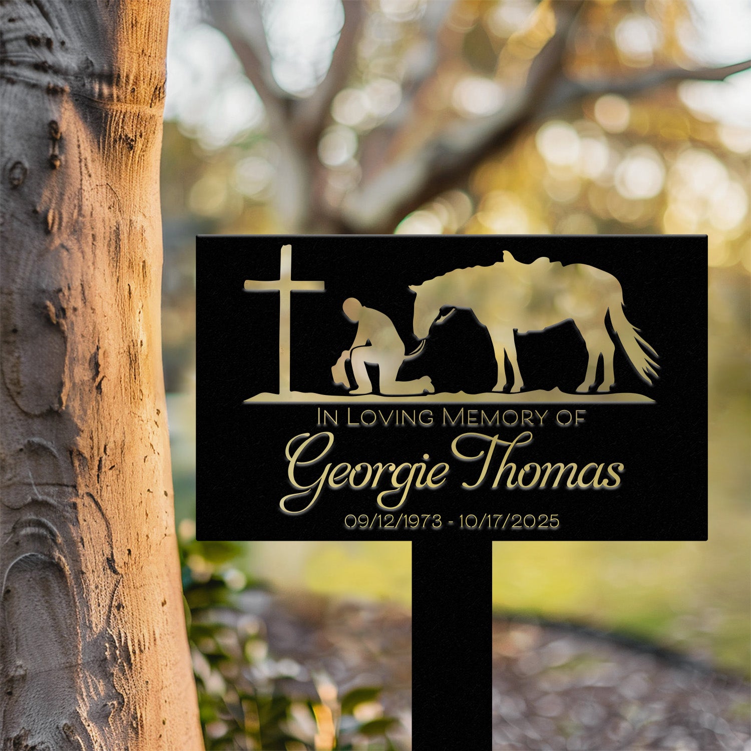Western Cowboy Memorial Plaque with Horse and Cross - Personalized Grave Marker for Outdoor Yard - Custom Cowboy Metal Sign