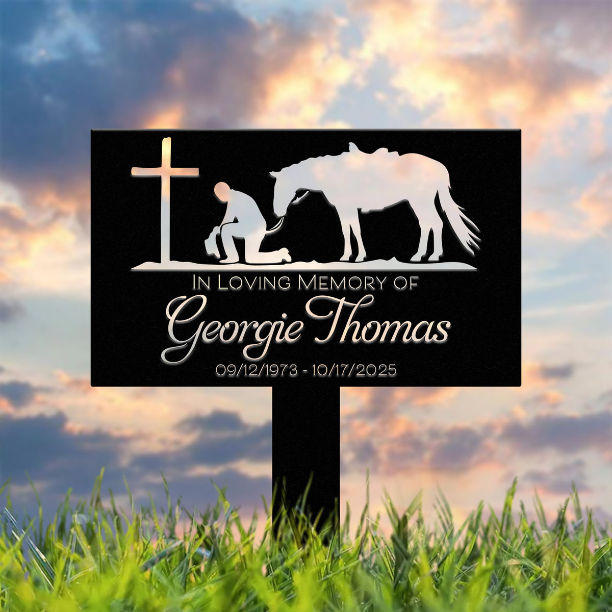Western Cowboy Memorial Plaque with Horse and Cross - Personalized Grave Marker for Outdoor Yard - Custom Cowboy Metal Sign