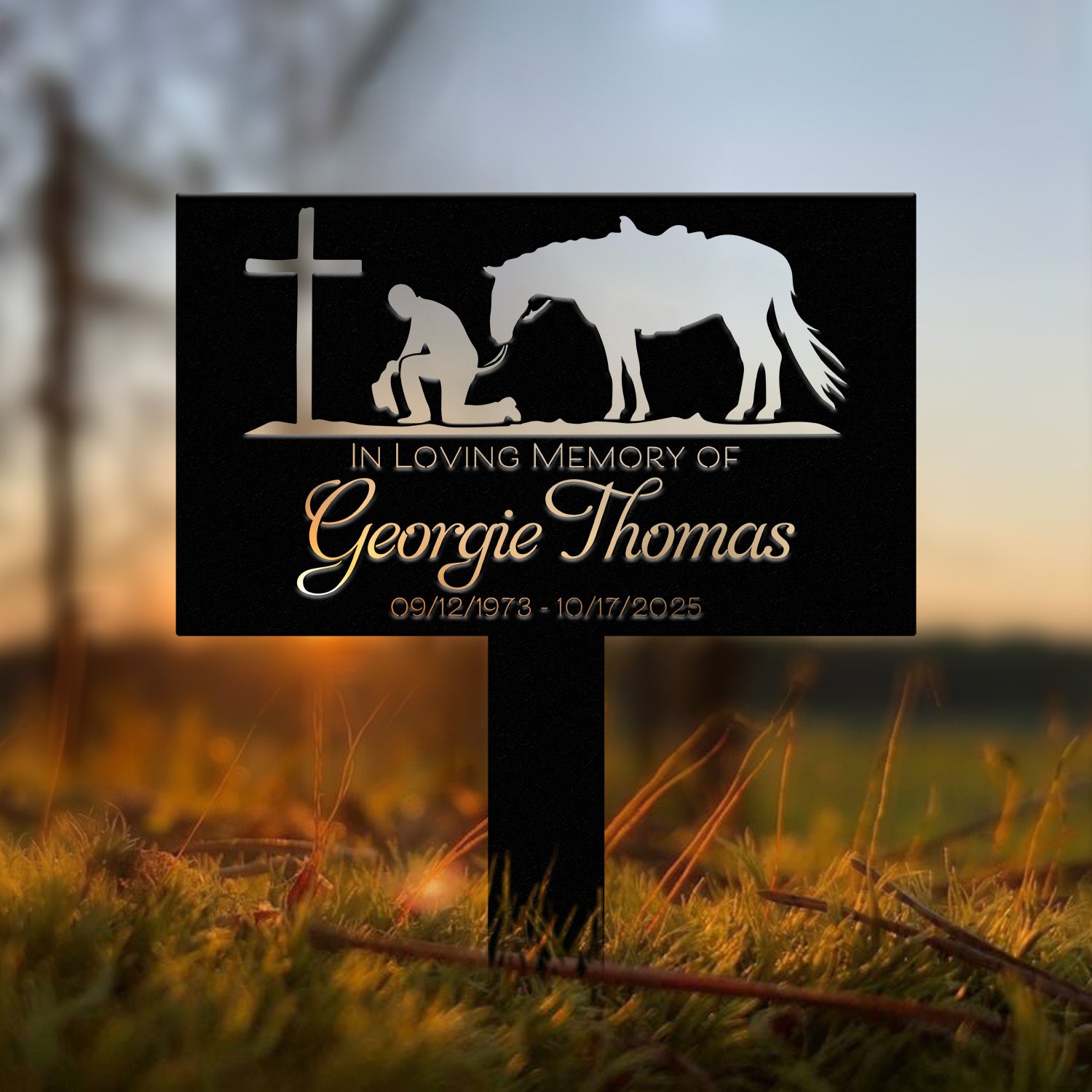 Western Cowboy Memorial Plaque with Horse and Cross - Personalized Grave Marker for Outdoor Yard - Custom Cowboy Metal Sign