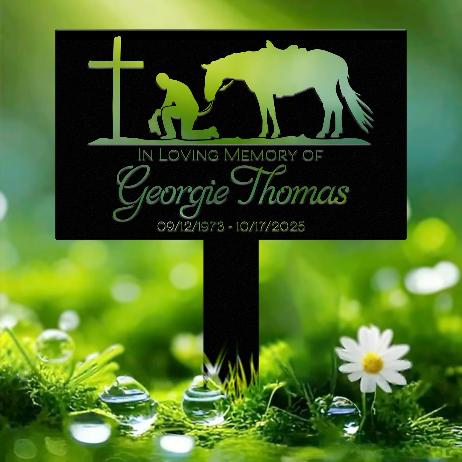 Western Cowboy Memorial Plaque with Horse and Cross - Personalized Grave Marker for Outdoor Yard - Custom Cowboy Metal Sign