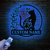 Custom TBack Cat Metal Sign with Led Lights, Personalized Floral Cat Metal Sign, Cat Wall Art, Custom Cat Name Sign, Pet Lover Gift