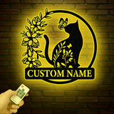 Custom TBack Cat Metal Sign with Led Lights, Personalized Floral Cat Metal Sign, Cat Wall Art, Custom Cat Name Sign, Pet Lover Gift