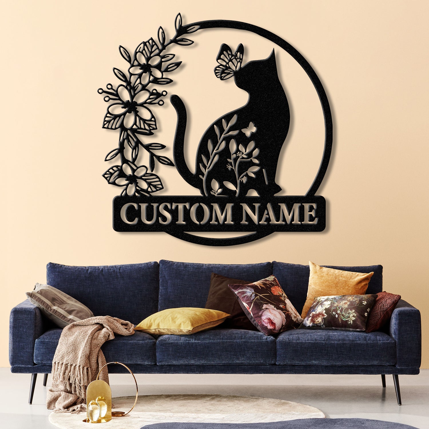 Custom TBack Cat Metal Sign with Led Lights, Personalized Floral Cat Metal Sign, Cat Wall Art, Custom Cat Name Sign, Pet Lover Gift