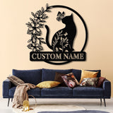 Custom TBack Cat Metal Sign with Led Lights, Personalized Floral Cat Metal Sign, Cat Wall Art, Custom Cat Name Sign, Pet Lover Gift