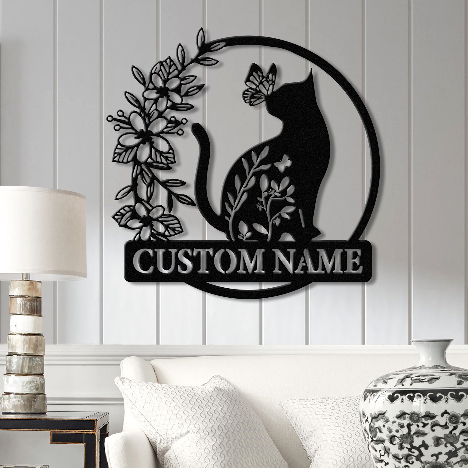 Custom TBack Cat Metal Sign with Led Lights, Personalized Floral Cat Metal Sign, Cat Wall Art, Custom Cat Name Sign, Pet Lover Gift