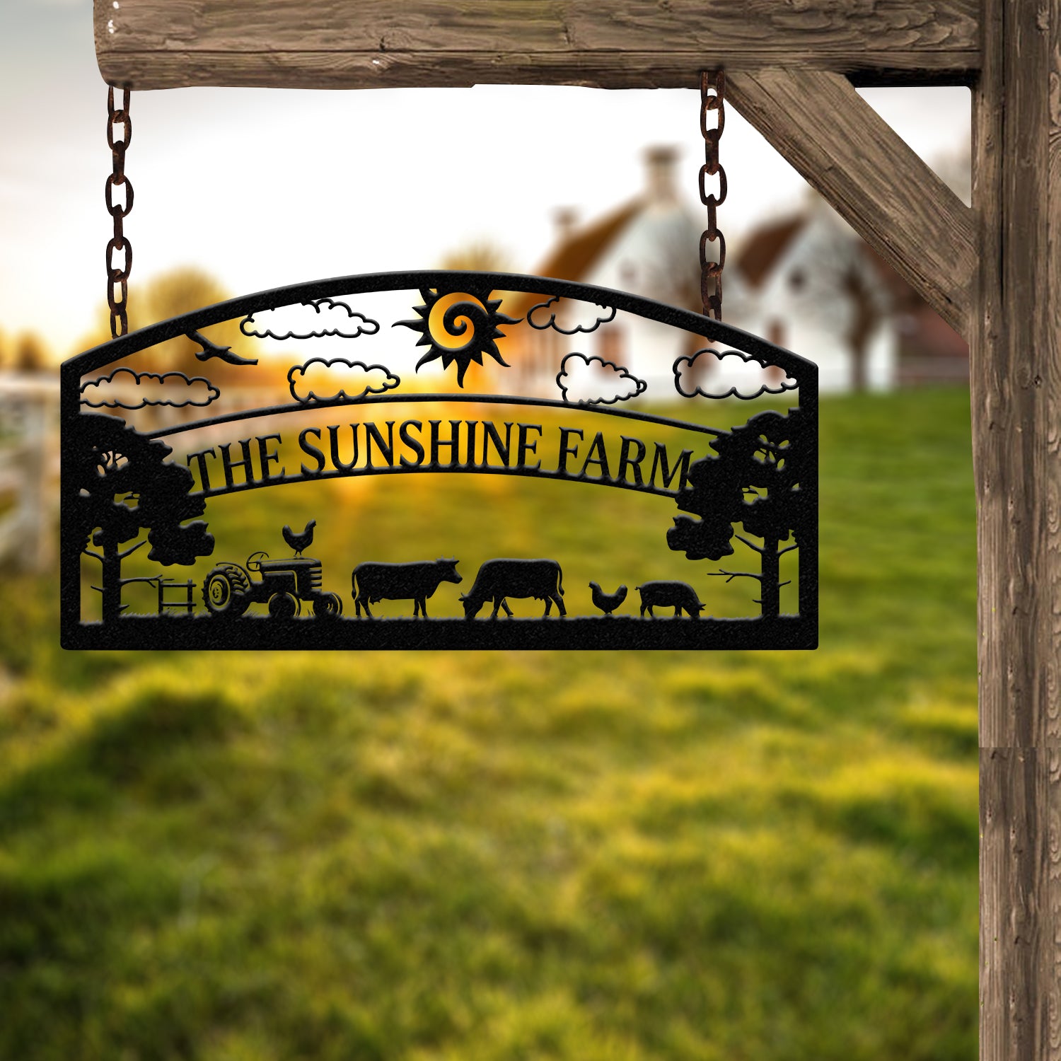 Personalized Farm Metal Sign - Custom Farm Name Sign with Tractor and Animal Design, Rustic Barn Decor, Outdoor Hanging Sign for Farmhouse