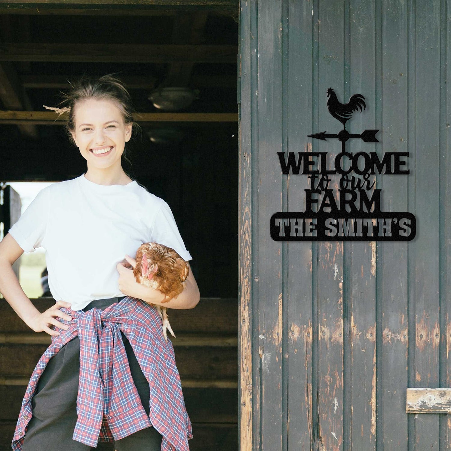 Personalized Metal Welcome Farm Sign with Rooster, Rustic Outdoor Yard Decor, Custom Name Farmhouse Wall Art, Farm Entrance Gate Sign