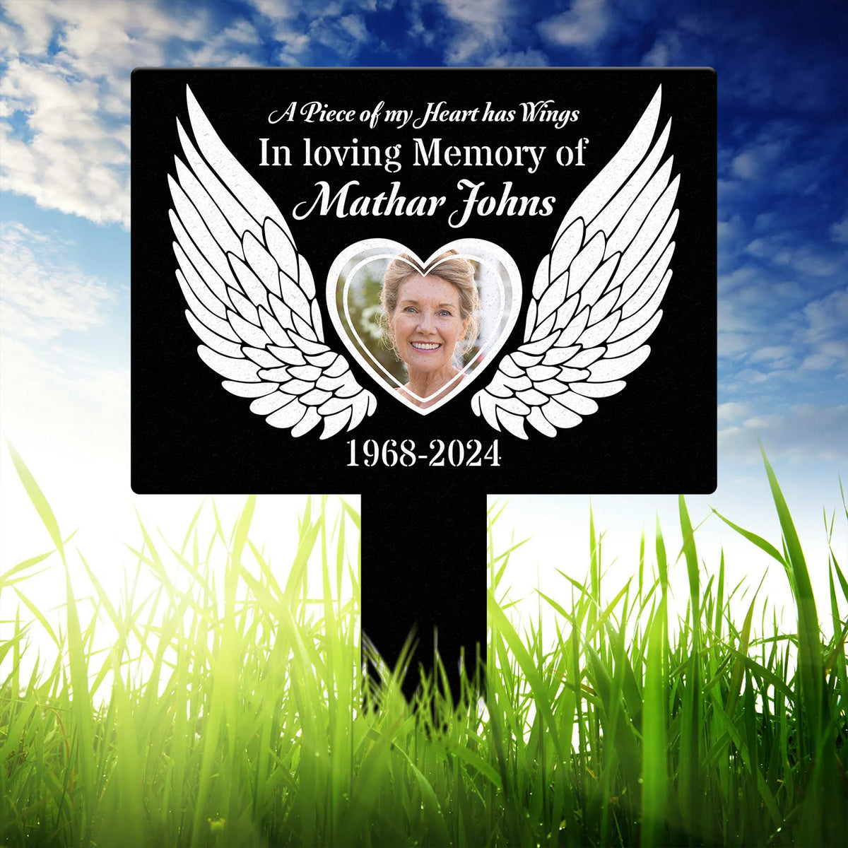 Custom Photo Angel Wings Heart Memorial Sign, Temporary Grave Marker With Photo, Outdoor Memorial Sign, Sympathy Plaque, Remembrance Plaque
