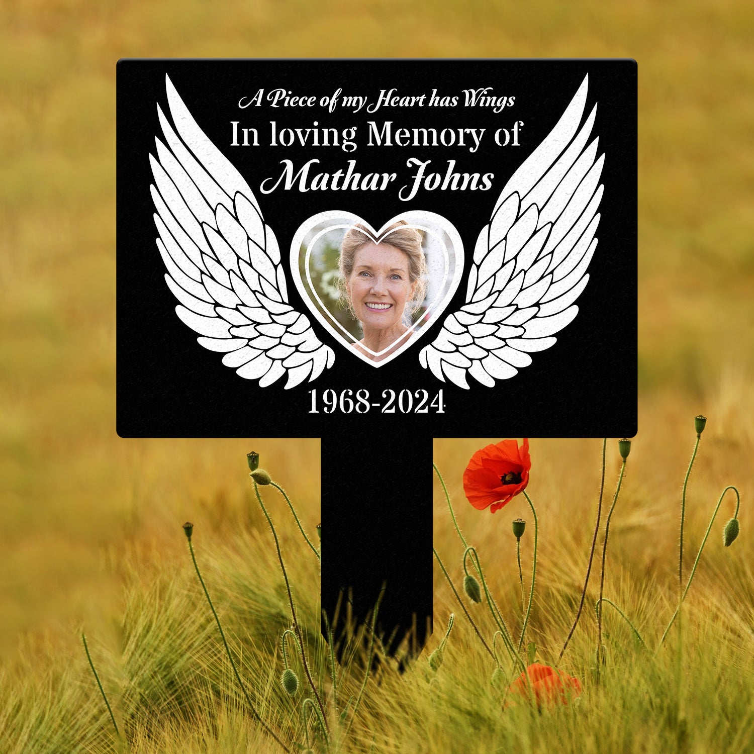 Custom Photo Angel Wings Heart Memorial Sign, Temporary Grave Marker With Photo, Outdoor Memorial Sign, Sympathy Plaque, Remembrance Plaque