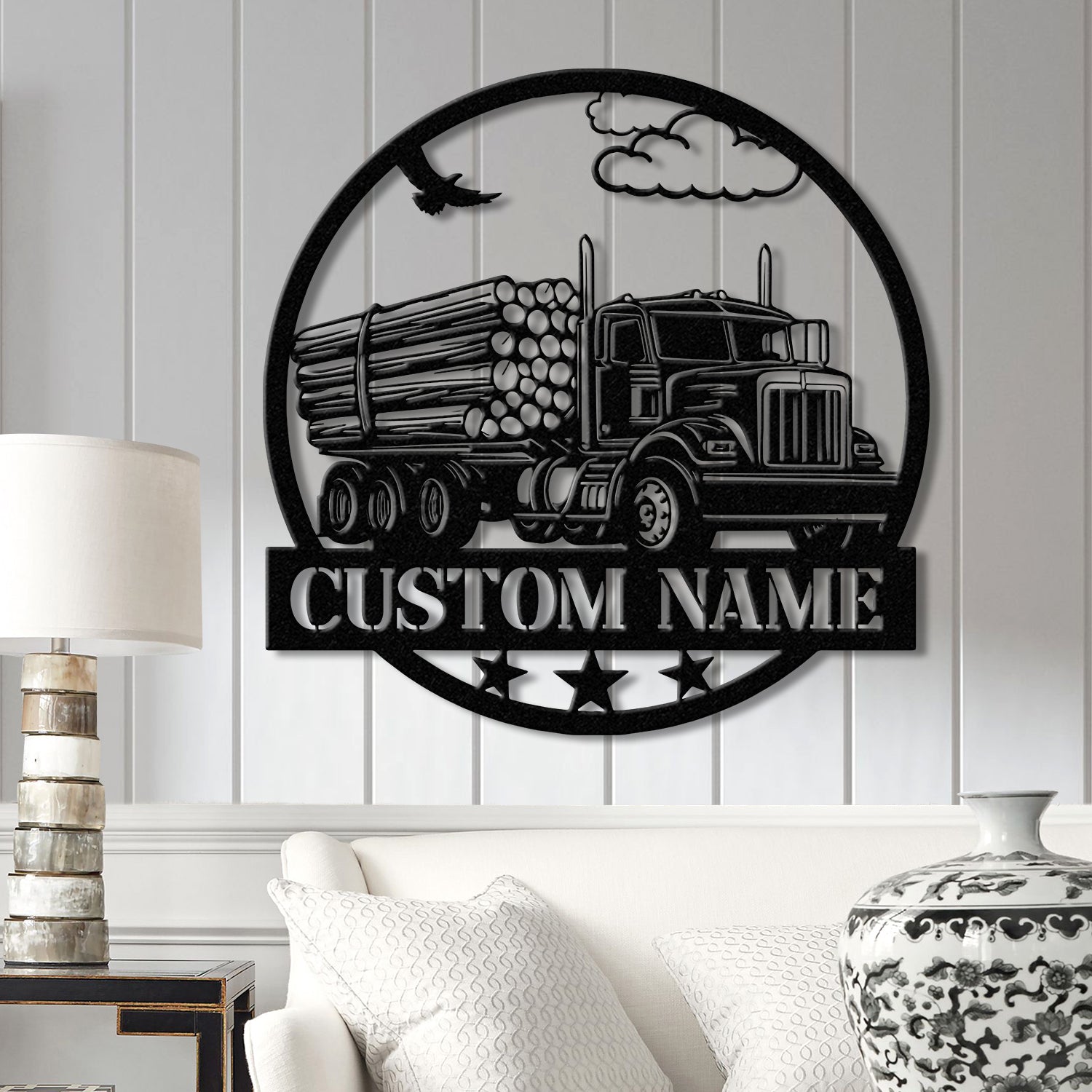 Custom Logging Truck Metal Sign Wall Art LED Light, Personalized Log Truck Driver Metal Name Sign, Log Truck Garage Man Cave Metal Sign
