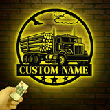 Custom Logging Truck Metal Sign Wall Art LED Light, Personalized Log Truck Driver Metal Name Sign, Log Truck Garage Man Cave Metal Sign