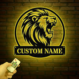 Custom Lion Metal Sign with LED Lights, Personalized Lion Head Wall Art, Animal Wall Decor for Nursery & Office, Lion Name Sign