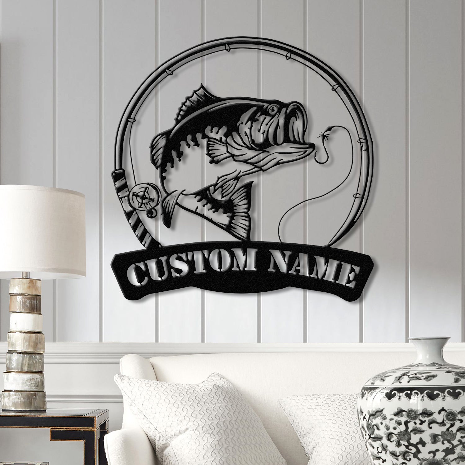 Custom American Flag Bass Fishing Metal Sign with LED Lights, Fishing Name Sign, Lake House Decor Fish Art Wall Sculpture, Bass Fishing Gift