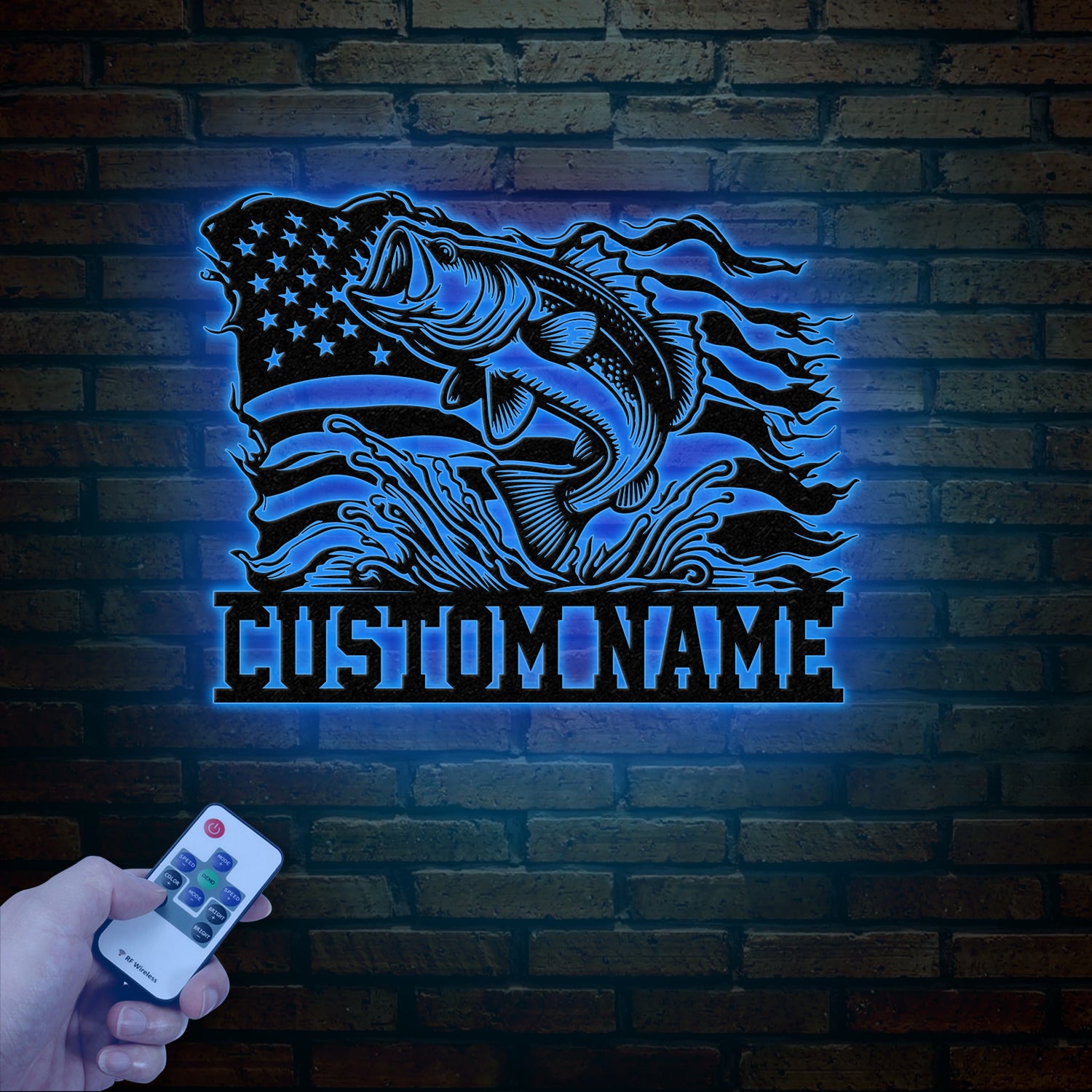 American Flag Bass Fishing Metal Sign with LED Lights, Personalized Lake House Wall Art, Fishing Name Sign, Bass Fishing Gift