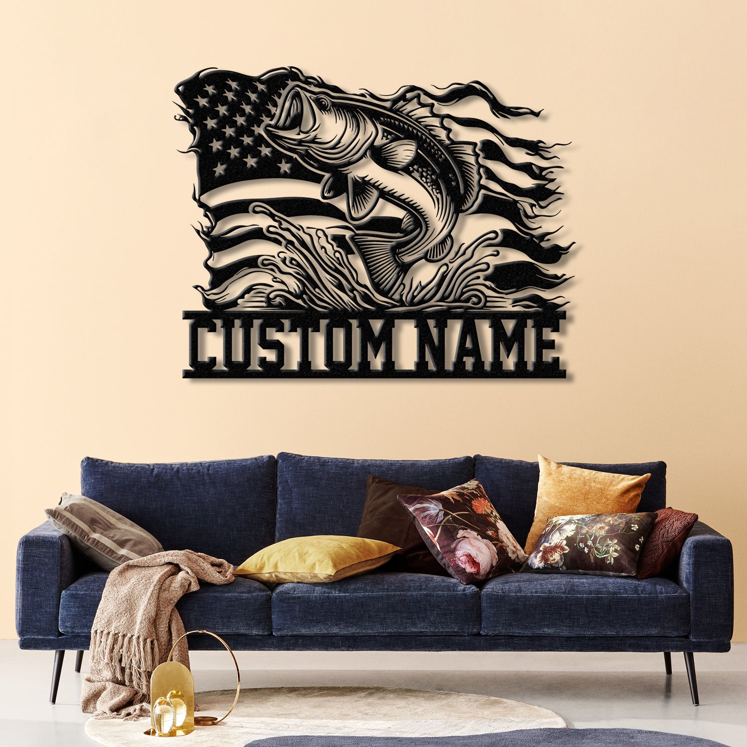 American Flag Bass Fishing Metal Sign with LED Lights, Personalized Lake House Wall Art, Fishing Name Sign, Bass Fishing Gift