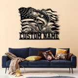 American Flag Bass Fishing Metal Sign with LED Lights, Personalized Lake House Wall Art, Fishing Name Sign, Bass Fishing Gift