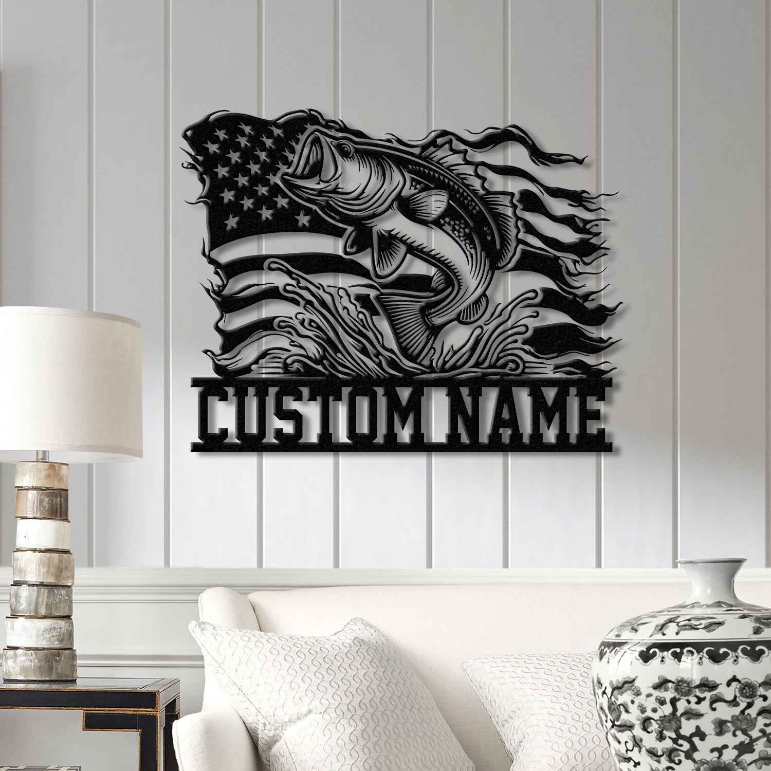 American Flag Bass Fishing Metal Sign with LED Lights, Personalized Lake House Wall Art, Fishing Name Sign, Bass Fishing Gift