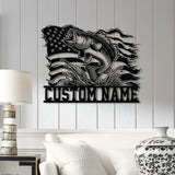 American Flag Bass Fishing Metal Sign with LED Lights, Personalized Lake House Wall Art, Fishing Name Sign, Bass Fishing Gift