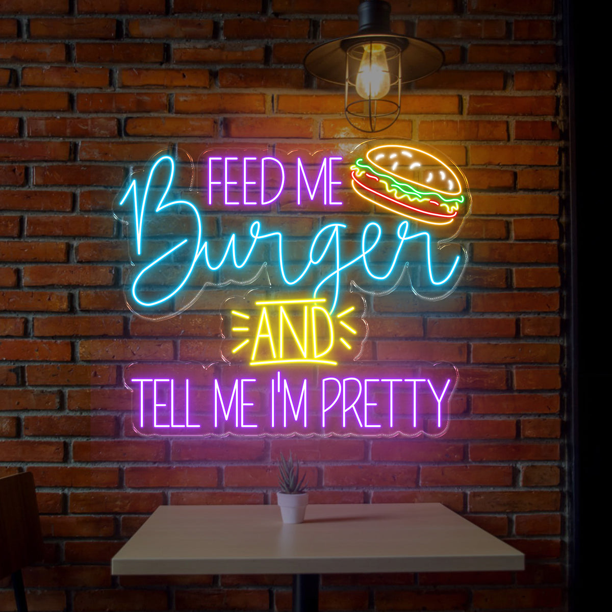 Feed Me Burger And Tell Me I'm Pretty Neon Sign - Fun Wall Art For Burger Lovers, Custom Restaurant Decor, Gift Idea For Foodies
