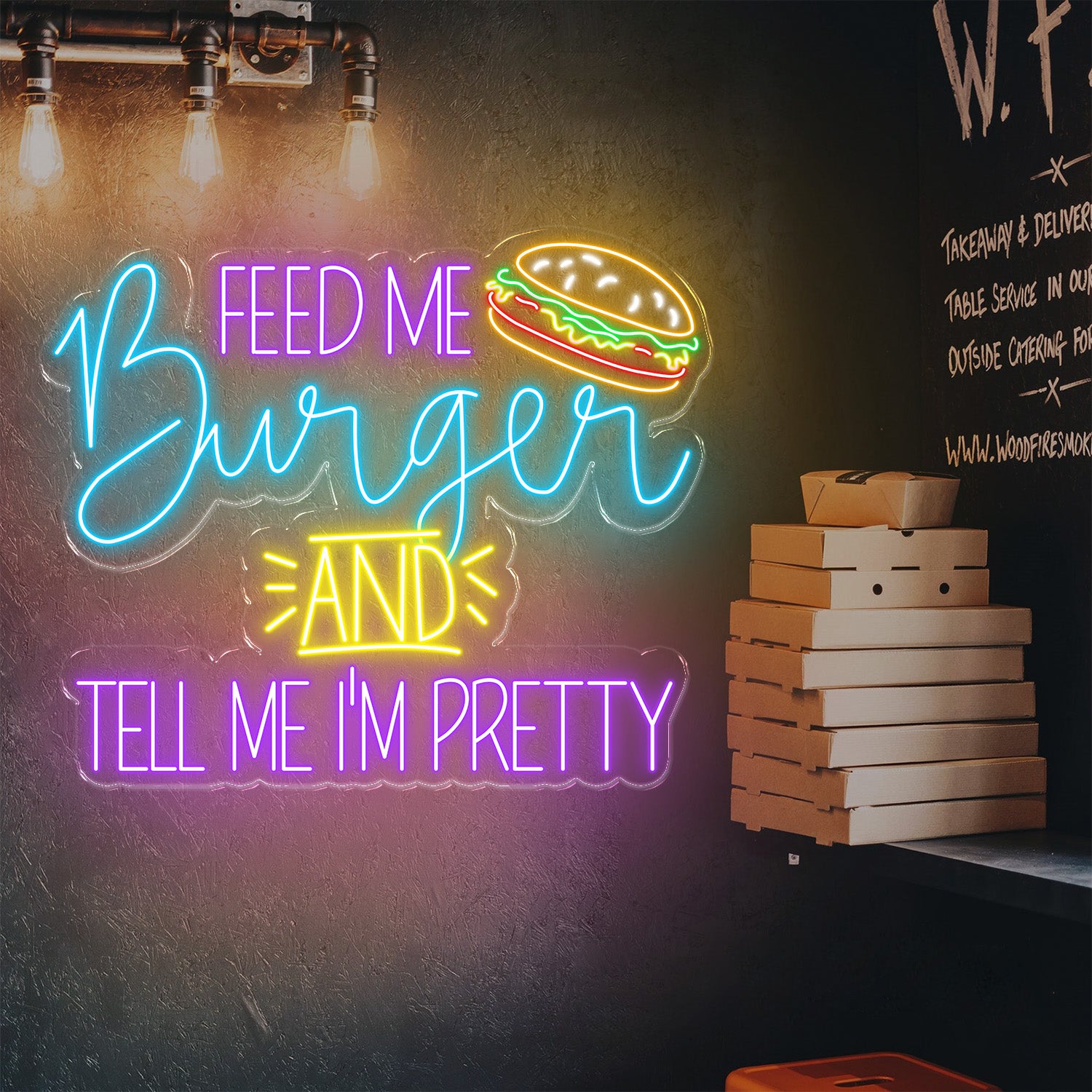 Feed Me Burger And Tell Me I'm Pretty Neon Sign - Fun Wall Art For Burger Lovers, Custom Restaurant Decor, Gift Idea For Foodies
