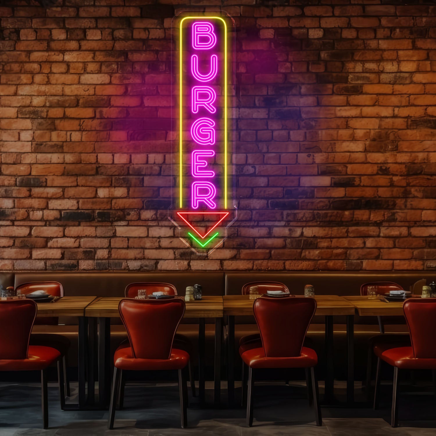Burger Neon Sign, Custom LED Burger Restaurant Sign, Food & Drink Neon Light, Vertical Burger Shop LED Wall Art, Fast Food Neon Decor
