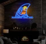 Sunny Ocean Waves Neon Sign, Paper Boat Shark Fin LED Light, Coastal Decor, Beach Bar Sign, Ocean Themed Neon Light, Nautical Home Decor