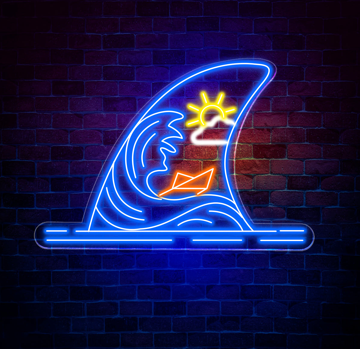 Sunny Ocean Waves Neon Sign, Paper Boat Shark Fin LED Light, Coastal Decor, Beach Bar Sign, Ocean Themed Neon Light, Nautical Home Decor