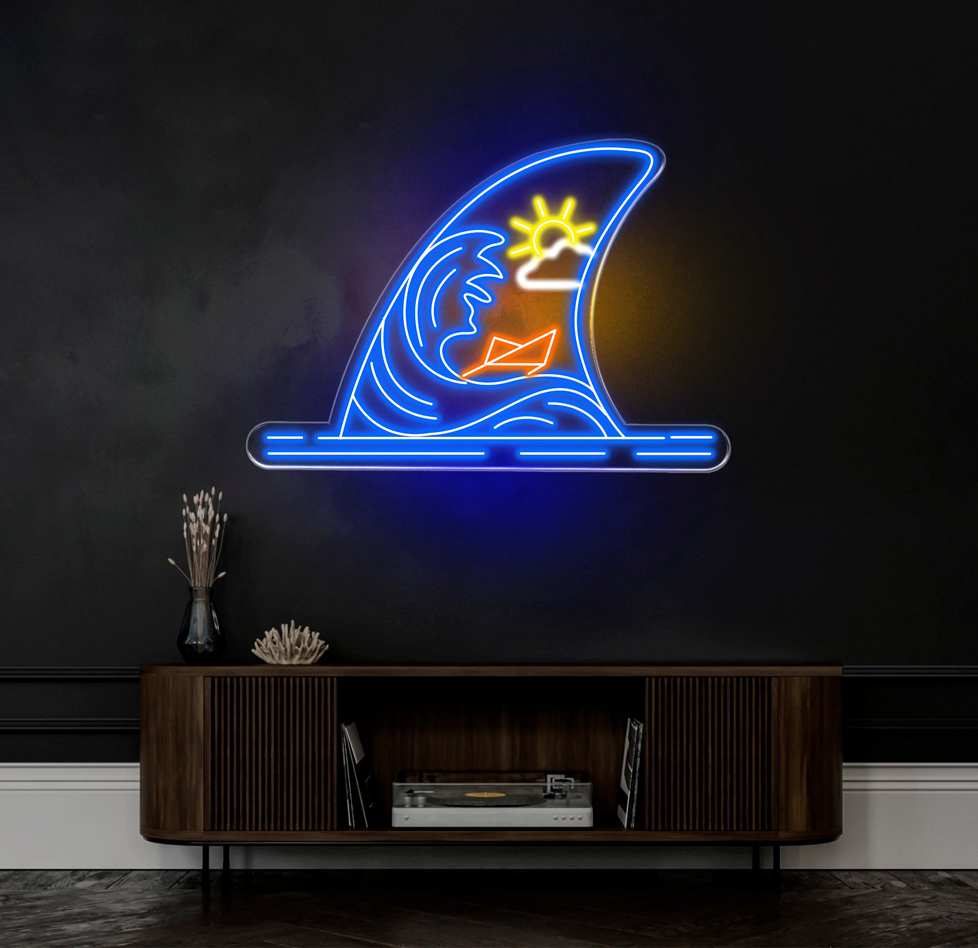 Sunny Ocean Waves Neon Sign, Paper Boat Shark Fin LED Light, Coastal Decor, Beach Bar Sign, Ocean Themed Neon Light, Nautical Home Decor
