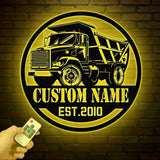Custom Dump Truck Driver Metal Wall Art with LED Light, Personalized Trucker Name Sign, 18 Wheeler Home Decor, Birthday & Xmas Dad Gift