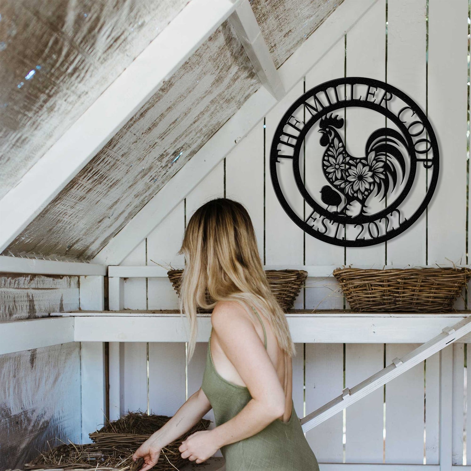 Custom Floral Chicken Coop Name Sign with LED Light, Personalized Metal Hen House Sign, Rooster Yard Art, Farmhouse & Farm Name Metal Sign