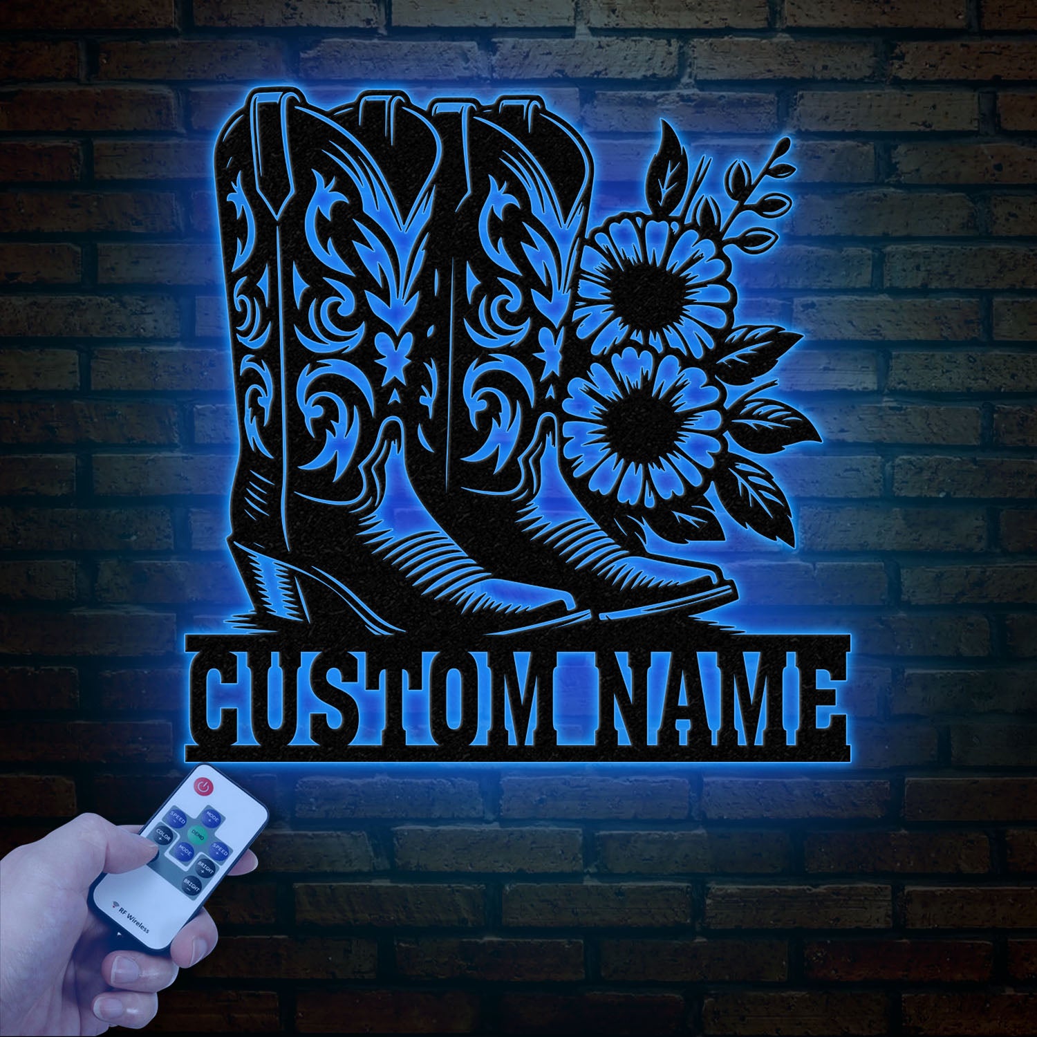Custom Cowboy Boots with Flowers Metal Wall Art with LED Light, Personalized Western Horse Shoes Name Sign, Country Living & Man Cave Decor