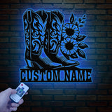 Custom Cowboy Boots with Flowers Metal Wall Art with LED Light, Personalized Western Horse Shoes Name Sign, Country Living & Man Cave Decor